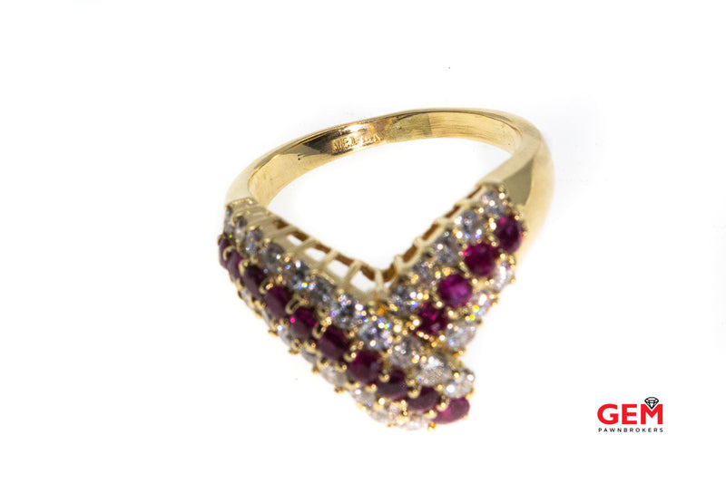 Natural Ruby & Round Diamond Cocktail Cluster Twist 14K 585 Yellow Gold Ring Size 7