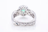 Bright Natural Oval Emerald Gemstone w/ Diamond Halo Accent 18k 750 White Gold Ring Sz 7