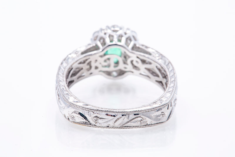 Bright Natural Oval Emerald Gemstone w/ Diamond Halo Accent 18k 750 White Gold Ring Sz 7