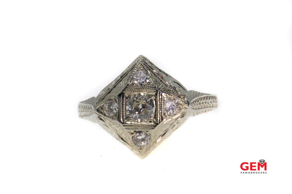 Antique Filigree 5 Diamond Star Wreath & Milgrain Accent 18K 750 White Gold Ring Size 9