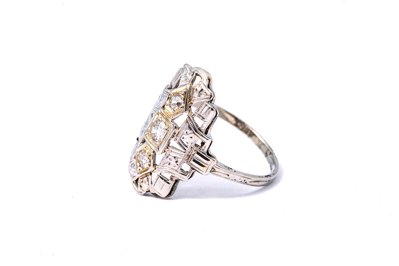 Antique Pierced Three Stone Diamond Cluster Ring 18k 585 White Gold Size 6