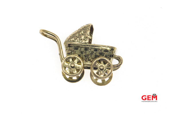 JMF Vintage Stroller Baby Carriage Pram Charm 14K 585 Yellow Gold Pendant
