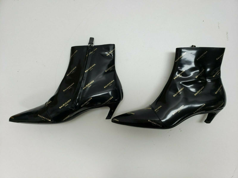 Balenciaga Black Patent Logo Print Curved Heel Bootie | Size 5.5 US, 36 EUR