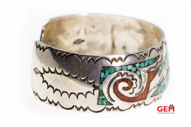Navajo Open Cuff Turquoise & Coral Inlay 925 Sterling Silver Bangle Bracelet