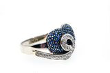 Natural Pave Sapphire Heart & Diamond Swirl 18K 750 White Gold Ring Size 9