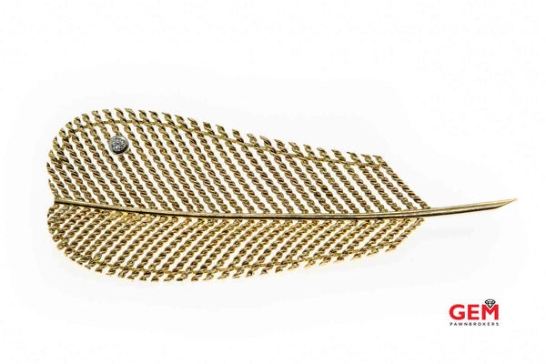 Vintage Signed EH 14k 585 Yellow Gold Feather Diamond Lapel Pin Brooch Stickpin