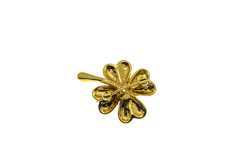 R. Leach Diamond Solitaire Four Leaf Clover Brooch 18K 750 Yellow Gold Lapel Pin