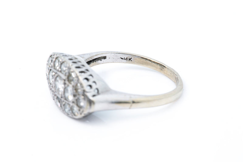 Vintage Naviette Pave Round Diamond 14k 585 White Gold Ring