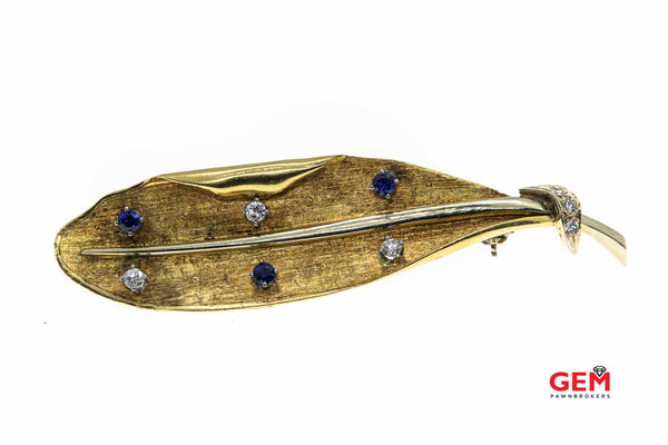 Italian 18k Diamond & Sapphire Feather Leaf 750 Two Tone Gold Lapel Pin