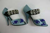 Prada Blue Heels | Satin Embroidery | Size US 5.5, EUR 36