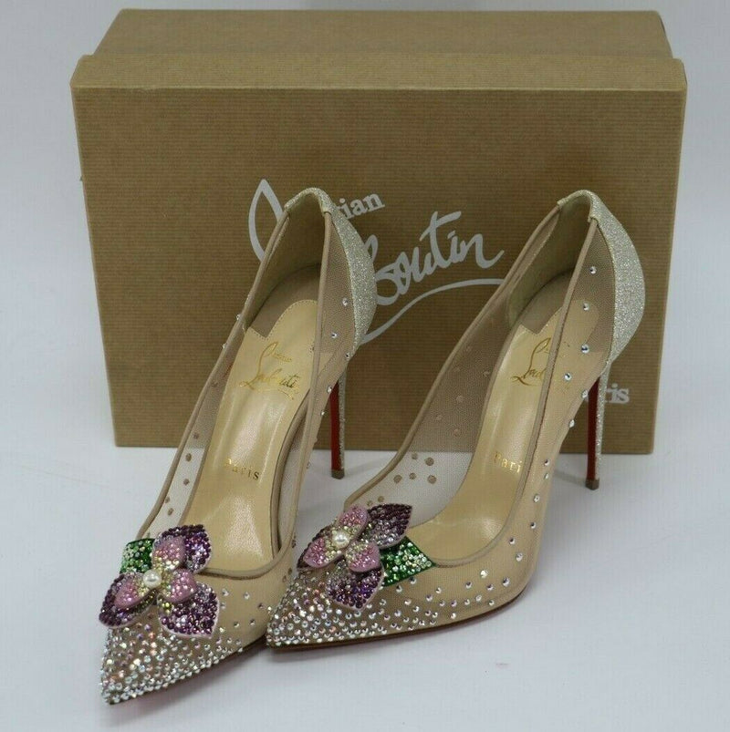 Christian Louboutin Feerica 100 Crystal-flower Embellished Pumps Nude Sz 39.5/9