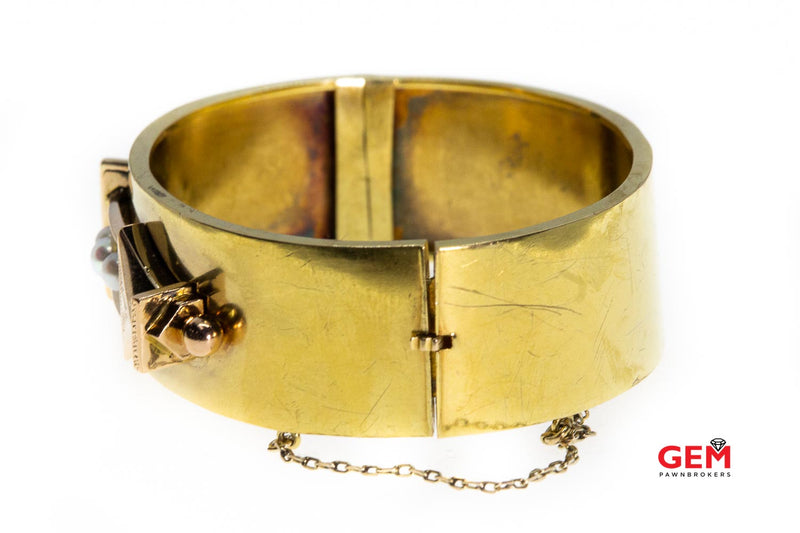 Etruscan Revival Wide 4mm Pearl Lock Bangle 14K 585 Yellow Gold Bracelet