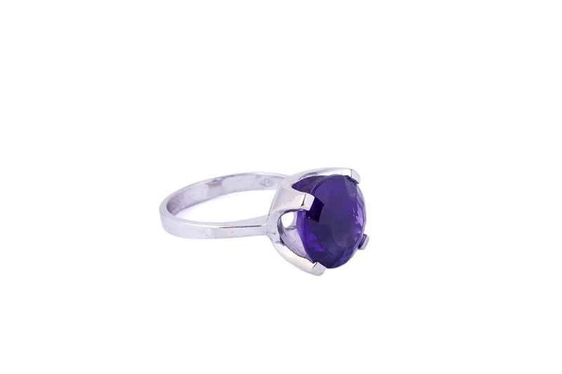 Solitaire Natural Amethyst Band 14K 585 White Gold Ring Size 7