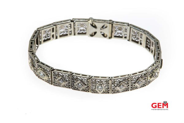 Estate Diamond Filigree Accent 14K 585 White Gold Pierced Bracelet