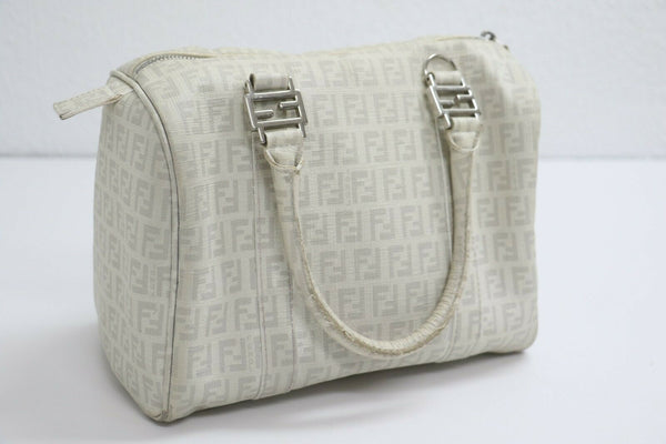 Fendi: White Canvas Satchel Logo Medium Handbag - White