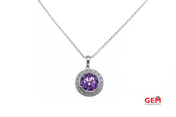 JLJ Natural Round Amethyst Gemstone Diamond Pave Halo Charm 1.5mm Chain Link 14K 585 White Gold 17" Necklace & Pendant