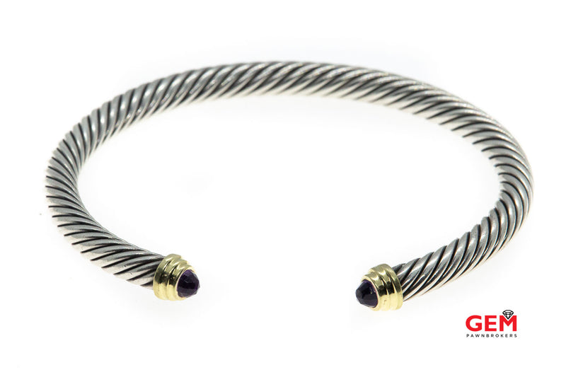 David Yurman Cable Classics 5mm Cuff Amethyst 925 Sterling Silver & 14K 585 Yellow Gold Accent Open Bangle 5.75" Bracelet