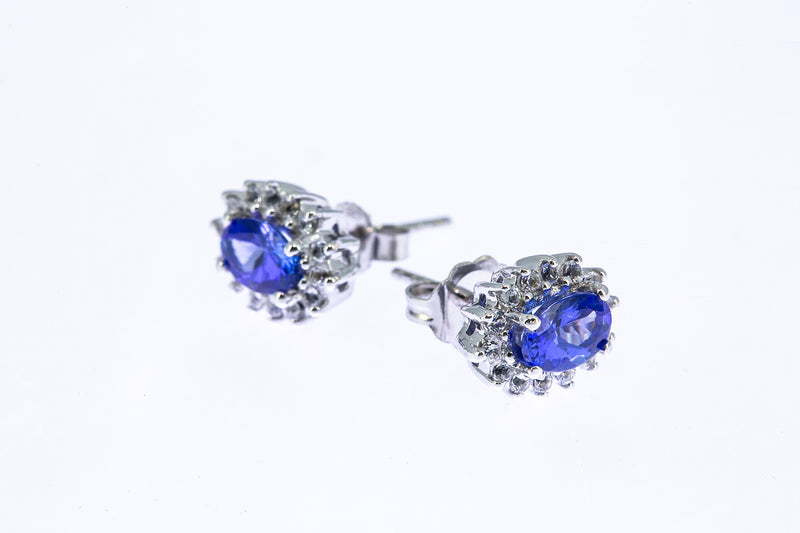 BJB Natural Iolite & Cubic Zirconia Halo Accent Studs 18K 750 White Gold Pair Earrings