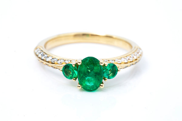 Blue Nile Three Stone Oval Emerald Diamond Ring 14k 585 Yellow Gold