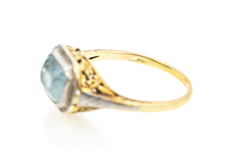 Antique Aquamarine Bezel Set Cocktail 14k 585 Two Tone Ring Size 6 WORN