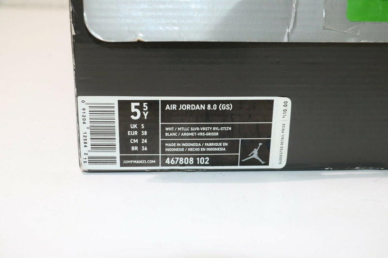 Nike Air Jordan 8.0 GS 467808 102 White/Metallic Silver Size 5.5Y(US) 38(EUR)