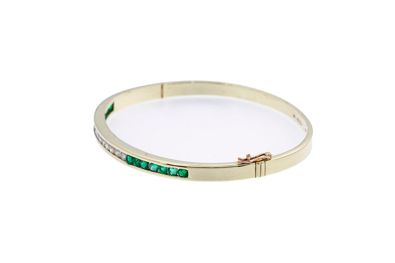 Peter Diamond & Emerald Line Bangle Cuff 14K 585 Yellow Gold Bracelet