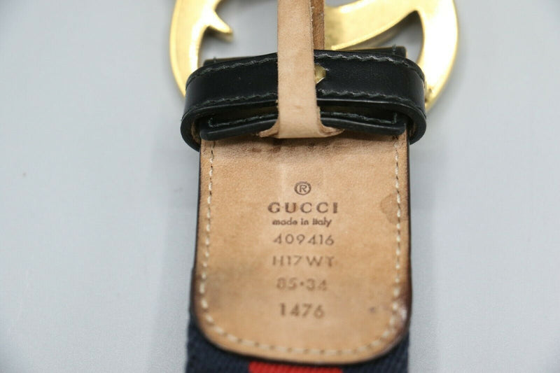 Gucci Gold GG Canvas Webbing Belt w/ Black Leather Sz 85/34