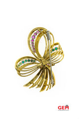Vintage Florentine Finish Ribbon Bow Natural Turquoise & Pink Sapphire Accent Brooch 18K 750 Yellow Gold Lapel Pin