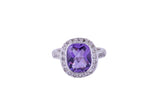 Cushion Amethyst and Diamond Halo Ring Cocktail 14K 585 White Gold