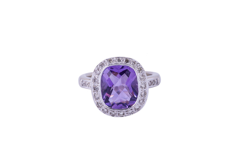 Cushion Amethyst and Diamond Halo Ring Cocktail 14K 585 White Gold