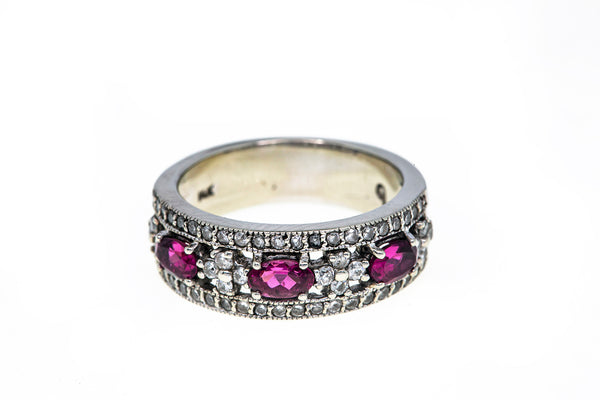 Pink Tourmaline & Diamond Cluster Band 14K 585 White Gold Ring Size 7