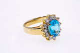 Blue Topaz Diamond Halo Cluster Band 18K 750 Yellow Gold Cocktail Ring Sz 6 1/2