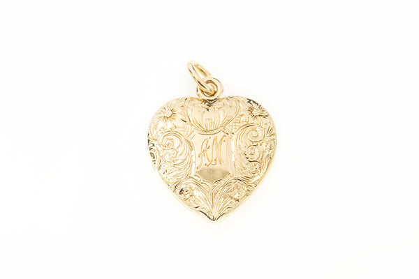 Antique Hand Carved 14k 585 Yellow Gold Heart Locket Charm Pendant