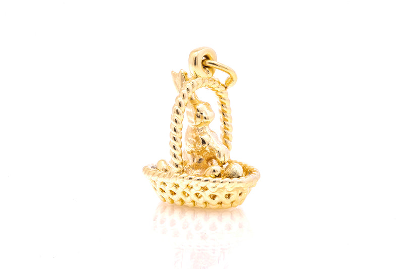 Vintage Yellow Gold Easter Bunny On Basket Egg Rabbit Animal Holiday 14k 585 Yellow Gold Charm Pendant