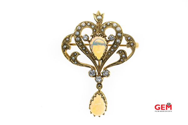 14 KT Yellow Gold Opal Diamond Seed Pearl Pin Brooch