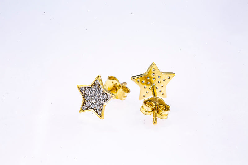 Cubic Zirconia Pave Star Studs 14K 585 Yellow & White Gold Pair of CZ Earrings