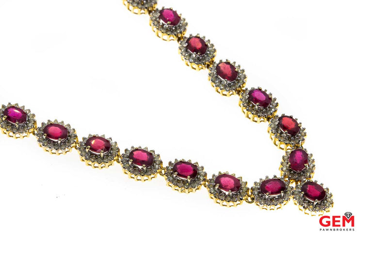 Natural Ruby & Diamond Halo Tennis Cocktail 14K 585 Yellow & White Gold Necklace