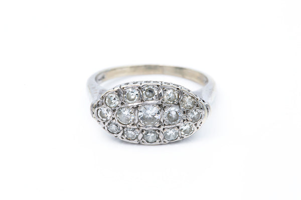 Vintage Naviette Pave Round Diamond 14k 585 White Gold Ring