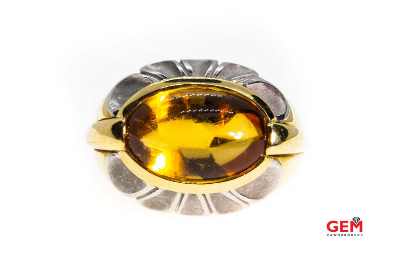 Flower Oval Cabochon Citrine Solid 950 Platinum Petals Accent 18K 750 Yellow Gold Designer Cocktail Ring Size 6 3/4