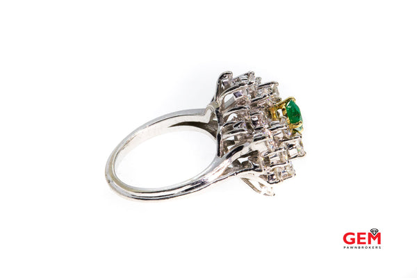 Natural Pear Emerald & Diamond Cluster 14K 585 White & Yellow Gold Cocktail Ring Size 5 1/2
