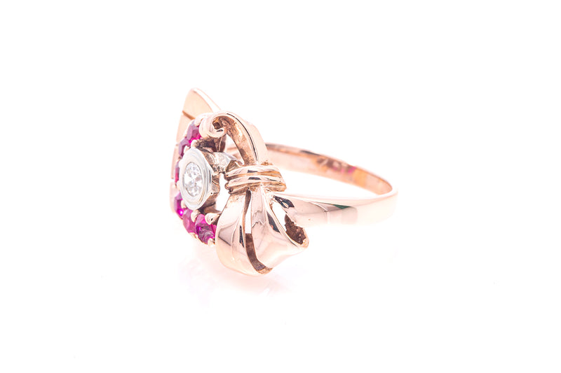 Vintage Retro Diamond Pink Sapphire 14k 585 Rose Gold Cocktail Ring Size 4.5