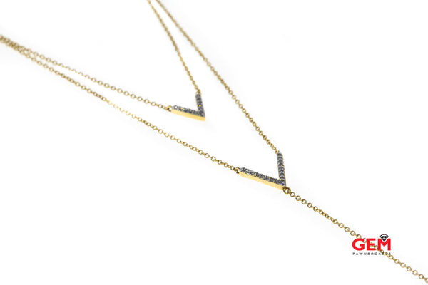 V Drop Charm Diamond Accent Pave 1mm Chain Link 14K 585 Yellow Gold 24.5" Necklace & Pendant