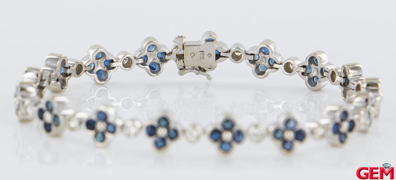 Flower Clover 14k 585 White Gold Diamond Sapphire Station Bracelet 7.5"