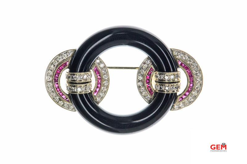 Retro Onyx Pink Sapphire & Diamond Accent Pin 18K 750 White Gold Brooch