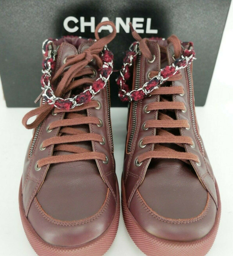 Chanel Burgundy Leather CC Logo High Top Sneaker Chain Zip Tweed SZ 37/7