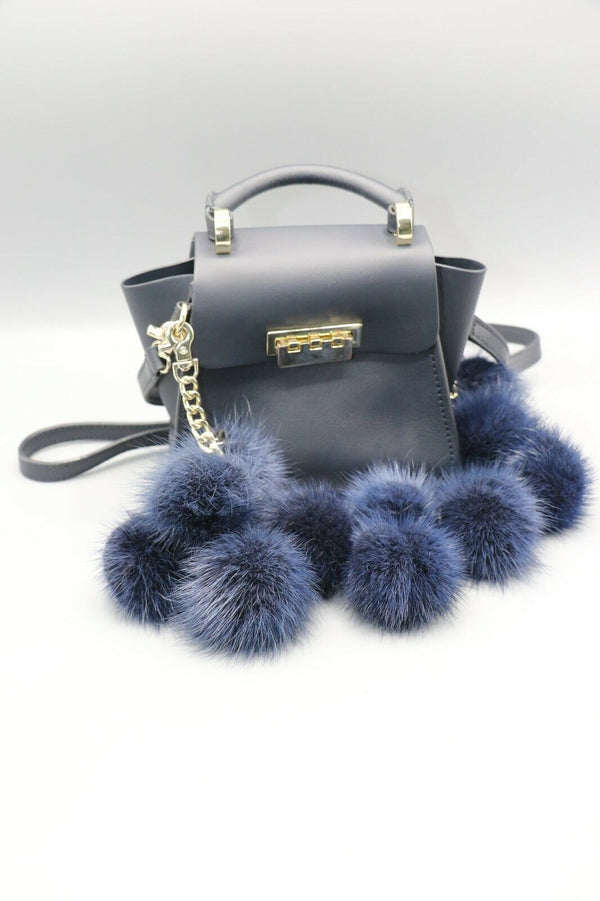 Zac Posen Blue Eartha Iconic Top Handle Fur Pom-pom Mini Leather Crossbody