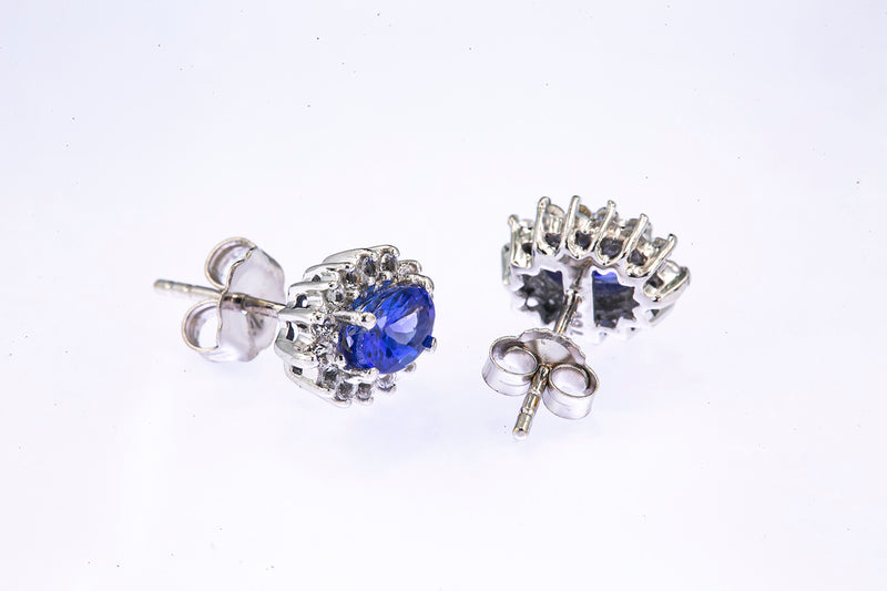 BJB Natural Iolite & Cubic Zirconia Halo Accent Studs 18K 750 White Gold Pair Earrings