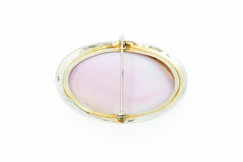 Antique Pink Shell Cameo Large Brooch 14k 585 Yellow Gold Greek Goddess Carving
