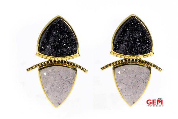 Ilene Schwartz Titanium Druzy Stone Large Stud Earrings 18k 750 Yellow Gold