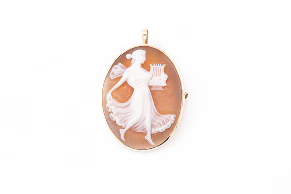 Sardonyx Cameo Lyre Erato Lady with Harp Lapel Pin Brooch 14k 585